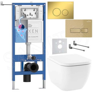 Комплект инсталляции Roxen StounFix Dual Fresh с удлиненными креплениями, кнопкой смыва в цвете золото и унитазом Lavinia Boho One Rimless 3302004R
