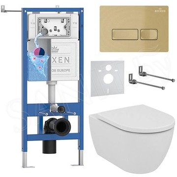 Комплект инсталляции Roxen StounFix Dual Fresh с удлиненными креплениями, кнопкой смыва в цвете золото и унитазом Ideal Standard Ellisse T569201
