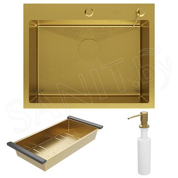 Кухонная мойка Roxen Simple 560220-60G PVD (gold) с коландером, дозатором и измельчителем пищевых отходов Bort Master Eco Control 93417999