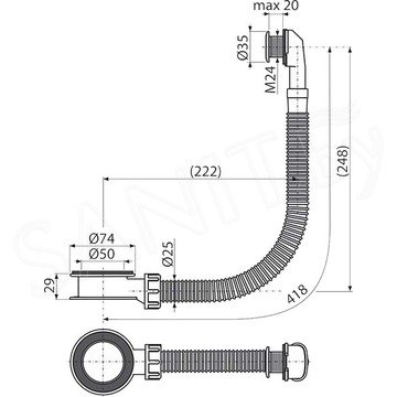 Сифон в комплекте со слив-переливом, донным клапаном Roxen P01B (black) и гофрой для каменных умывальников