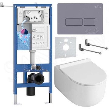 Комплект инсталляции Roxen StounFix Dual Fresh с удлиненными креплениями, аромадозатором, кнопкой в цвете серый бетон и унитазом Asten Readle Stella Tornado AR1065