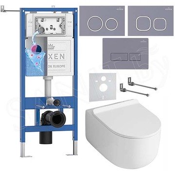 Комплект инсталляции Roxen StounFix Dual Fresh с удлиненными креплениями, аромадозатором, кнопкой в цвете серый бетон и унитазом Asten Readle Stella Tornado AR1065