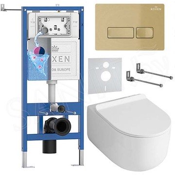 Комплект инсталляции Roxen StounFix Dual Fresh с удлиненными креплениями, кнопкой смыва в цвете золото и унитазом Asten Readle Stella Tornado AR1065
