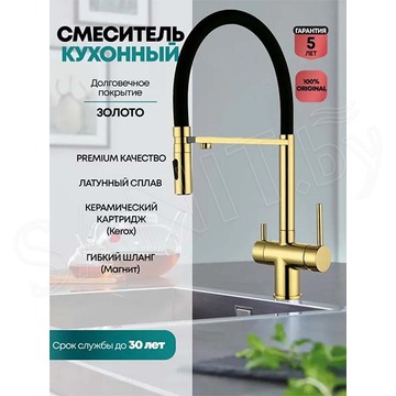 Смеситель для кухонной мойки Grocenberg GB4096 золото / золото матовое под фильтр