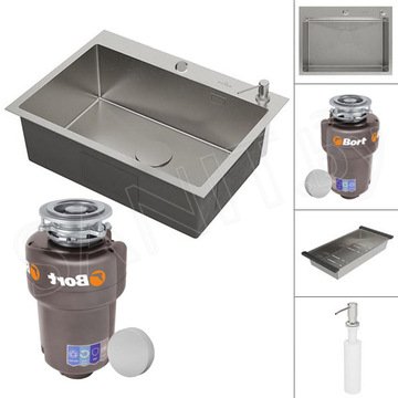 Кухонная мойка Roxen Simple с коландером, дозатором и измельчителем Bort Titan Max Power 93410266 (Full Control)