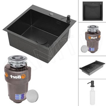 Кухонная мойка Roxen Simple PVD (графит) с аксессуарами и измельчителем Bort Titan Max Power 93410266 (Full Control)