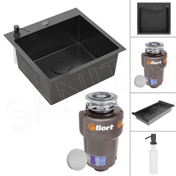 Кухонная мойка Roxen Simple PVD (графит) с коландером, дозатором и измельчителем пищевых отходов Bort Titan Max Power 93410266 (Full Control)