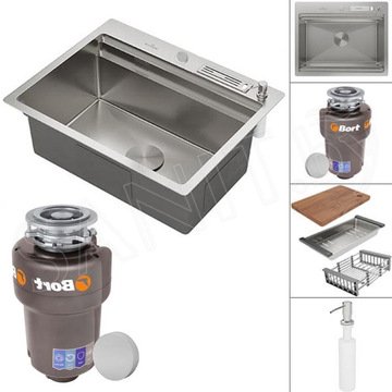 Кухонная мойка Roxen Stage 560250-60 в комплекте с держателем для ножей, двумя коландерами, разделочной доской, дозатором и измельчителем пищевых отходов Bort Titan Max Power 93410266 (Full Control)