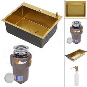 Кухонная мойка Roxen Simple 560220-60G PVD (gold) с коландером, дозатором и измельчителем пищевых отходов Bort Titan Max Power 93410266 (Full Control)