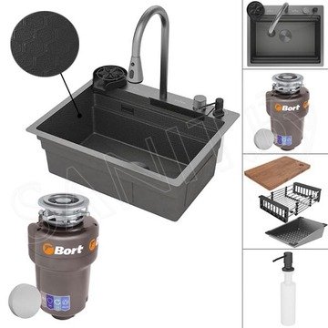 Кухонная мойка Roxen Stage Plus 560250-60-BS PVD (текстурный графит) многофункциональная в комплекте с измельчителем Bort Titan Max Power 93410266 (Full Control)