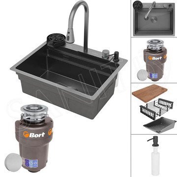 Кухонная мойка Roxen Stage Plus 560250-60B PVD (графит) многофункциональная в комплекте с измельчителем Bort Titan Max Power 93410266 (Full Control)