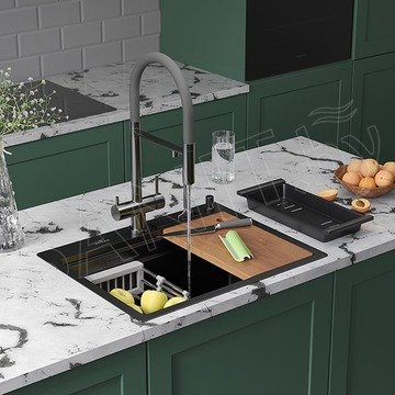 Кухонная мойка Roxen Stage 560250-60B PVD (графит) в комплекте с держателем для ножей, двумя коландерами, разделочной доской, дозатором и измельчителем Bort Master Eco Control 93417999