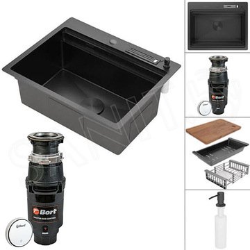 Кухонная мойка Roxen Stage 560250-60B PVD (графит) в комплекте с держателем для ножей, двумя коландерами, разделочной доской, дозатором и измельчителем Bort Master Eco Control 93417999