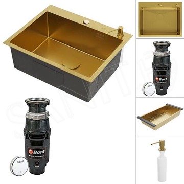 Кухонная мойка Roxen Simple 560220-60G PVD (gold) с коландером, дозатором и измельчителем пищевых отходов Bort Master Eco Control 93417999