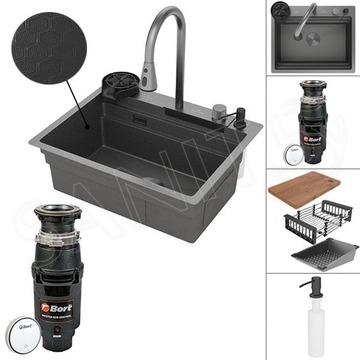 Кухонная мойка Roxen Stage Plus 560250-60-BS PVD (текстурный графит) многофункциональная в комплекте с измельчителем пищевых отходов Bort Master Eco Control 93417999