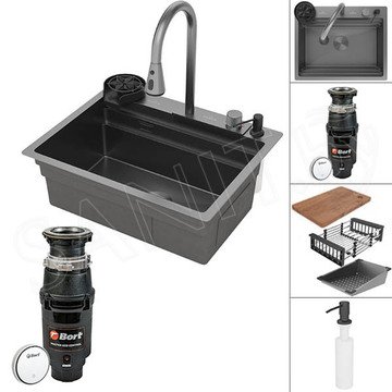 Кухонная мойка Roxen Stage Plus 560250-60B PVD (графит) многофункциональная в комплекте с измельчителем пищевых отходов Bort Master Eco Control 93417999