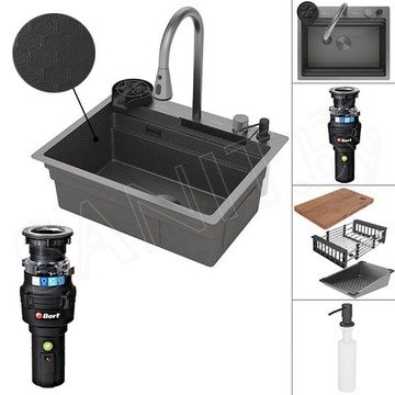 Кухонная мойка Roxen Stage Plus 560250-60-BS PVD (текстурный графит) многофункциональная в комплекте с измельчителем пищевых отходов Bort Caiman 93418064