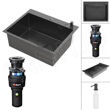 Кухонная мойка Roxen Simple PVD (графит) с коландером, дозатором и измельчителем пищевых отходов Bort Caiman 93418064