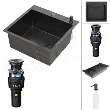 Кухонная мойка Roxen Simple PVD (графит) с коландером, дозатором и измельчителем пищевых отходов Bort Caiman 93418064