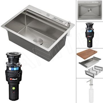 Кухонная мойка Roxen Stage 560250-60 в комплекте с держателем для ножей, двумя коландерами, разделочной доской, дозатором и измельчителем пищевых отходов Bort Caiman 93418064