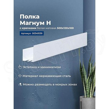 Полка Aquanet Магнум Н с крючками белый матовый 50 / 70 / 90