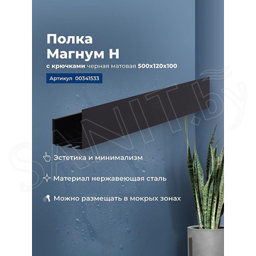 Полка Aquanet Магнум Н с крючками черный матовый 50 / 70 / 90