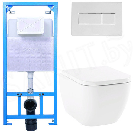 Комплект инсталляции Styron Niagara Fix STY-740 с кнопкой STY-800-1 и унитазом Lavinia Boho One Rimless 3302004R