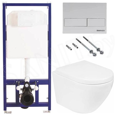Комплект инсталляции Berges Novum 525 c кнопкой L1 и унитазом Roxen Antares 530185-02 Rimless Soft Close