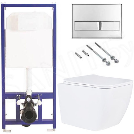 Комплект инсталляции Berges Novum 525 c кнопкой L3 и унитазом Roxen Cube 530135-01 Rimless Soft Close