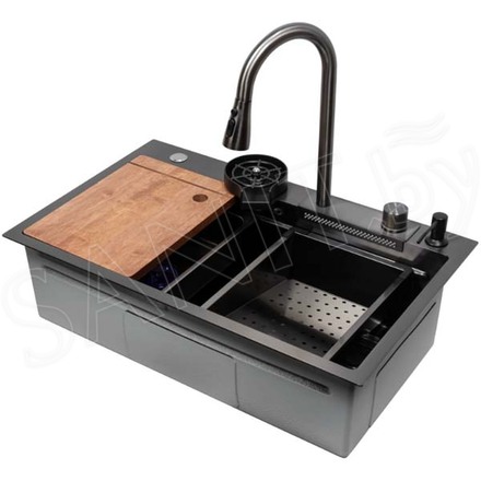 Кухонная мойка Arfeka Eco AR 75 Black PVD Nano / Nano Decor со смесителем, ринзером, двумя коландерами, разделочной доской и дозатором