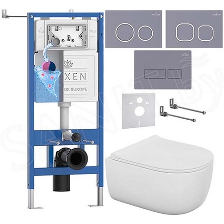 Комплект инсталляции Roxen StounFix Dual Fresh с удлиненными креплениями, аромадозатором, кнопкой смыва в цвете серый бетон и унитазом Bocchi V-Tondo Compacto Rimless