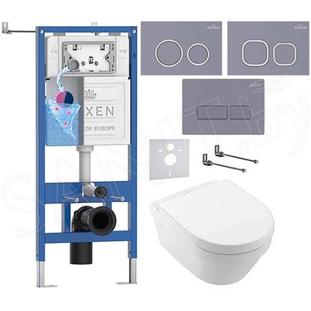 Комплект инсталляции Roxen StounFix Dual Fresh с удлиненными креплениями, аромадозатором, кнопкой смыва в цвете серый бетон и унитазом Villeroy&Boch Architectura 4694HR01