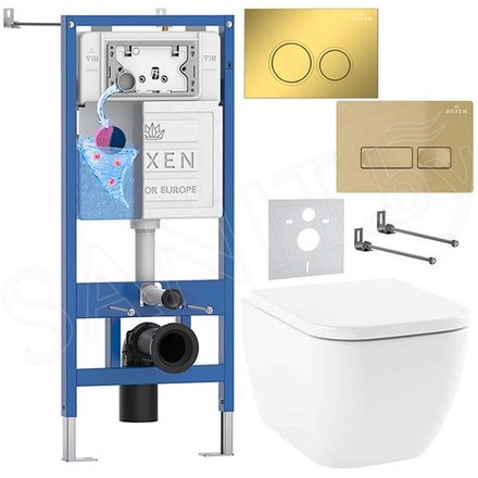 Комплект инсталляции Roxen StounFix Dual Fresh с удлиненными креплениями, кнопкой смыва в цвете золото и унитазом Lavinia Boho One Rimless 3302004R