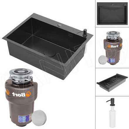 Кухонная мойка Roxen Simple PVD (графит) с аксессуарами и измельчителем Bort Titan Max Power 93410266 (Full Control)