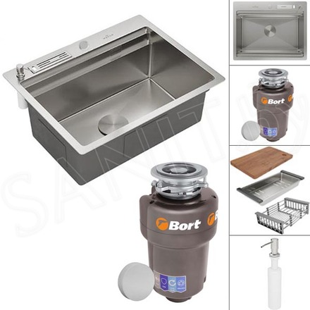 Кухонная мойка Roxen Stage 560250-60 в комплекте с держателем для ножей, двумя коландерами, разделочной доской, дозатором и измельчителем пищевых отходов Bort Titan Max Power 93410266 (Full Control)