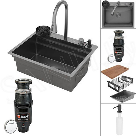 Кухонная мойка Roxen Stage Plus 560250-60B PVD (графит) многофункциональная в комплекте с измельчителем пищевых отходов Bort Master Eco Control 93417999
