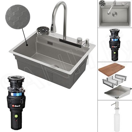 Кухонная мойка Roxen Stage Plus 560250-60-S многофункциональная в комплекте с измельчителем пищевых отходов Bort Caiman 93418064