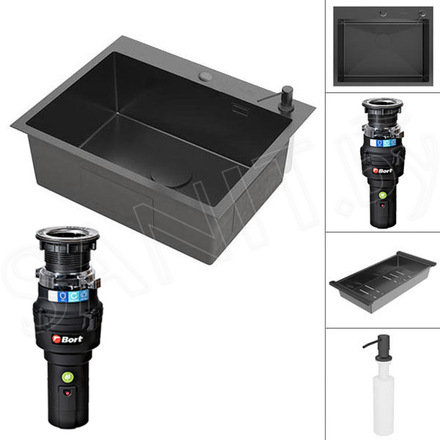 Кухонная мойка Roxen Simple PVD (графит) с коландером, дозатором и измельчителем пищевых отходов Bort Caiman 93418064